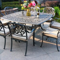 Square 8 Person 64" Long Aluminum Dining Set With Sunbrella Cushions - Gray / Ivory