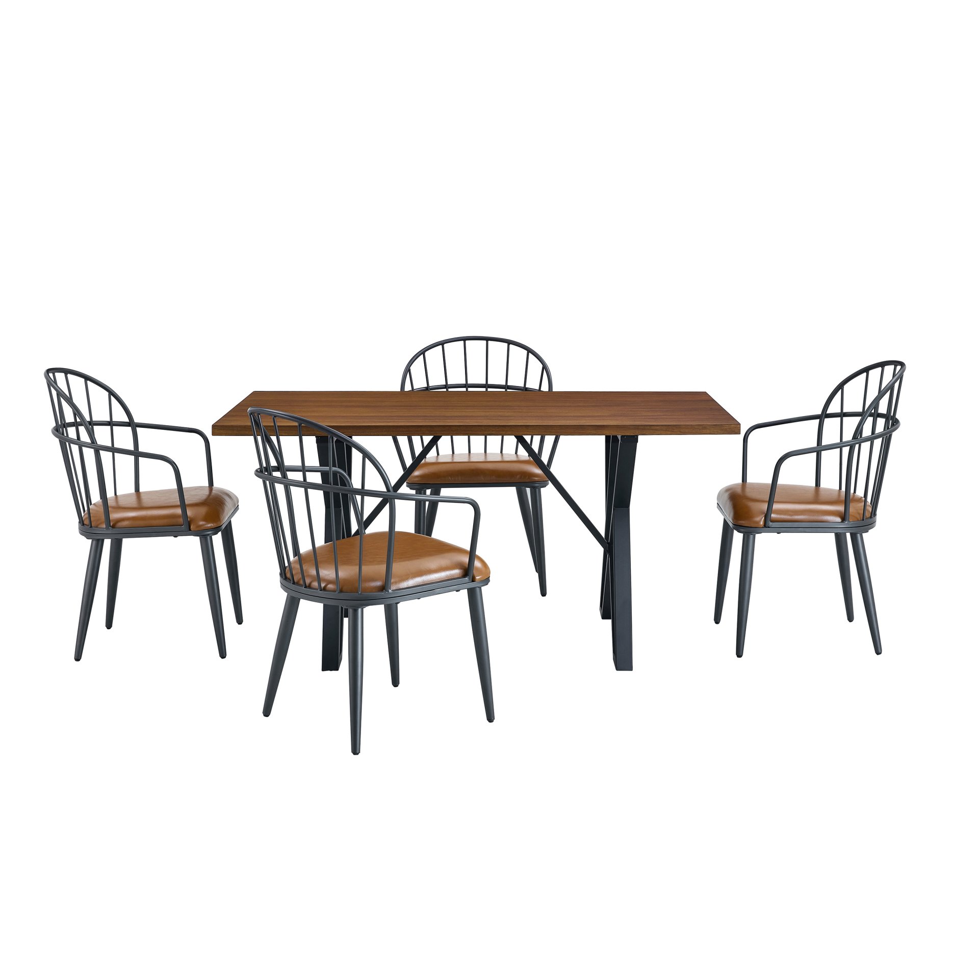 5 Piece Industrial Style Indoor Upholstered Dining Set With Metal Legs - Brown - Image 5