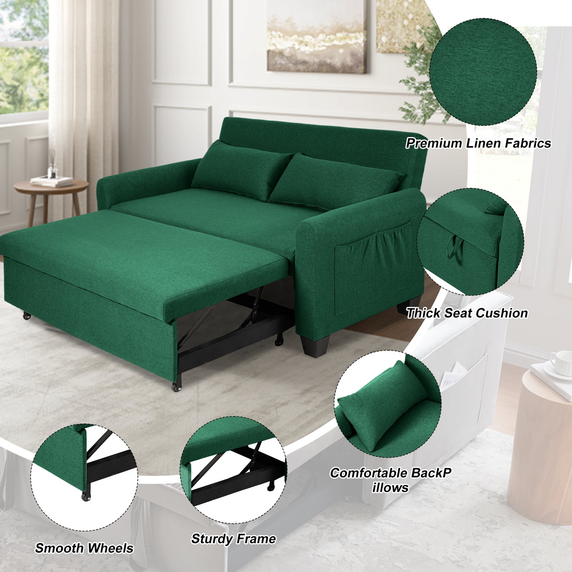 Balus - Extra Large 2 In 1 Sofa Bed With Storage Bag, Adjustable Backrest And Cushions - Green - Image 5