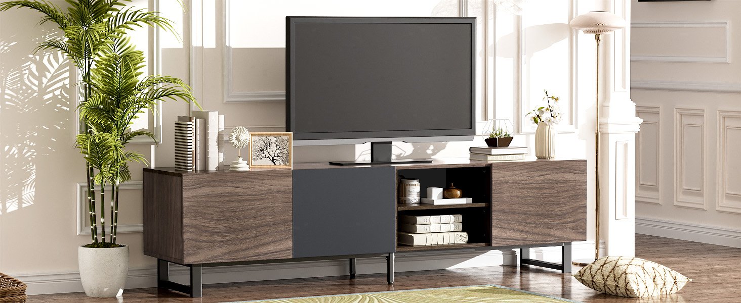 Modern TV With 3 Cabinets & Open Shelves, Color-Matching Media Console Table For Tvs Up To 80'', Entertainment Center With Drop Down Door For Living Room - Dark Brown - Image 27