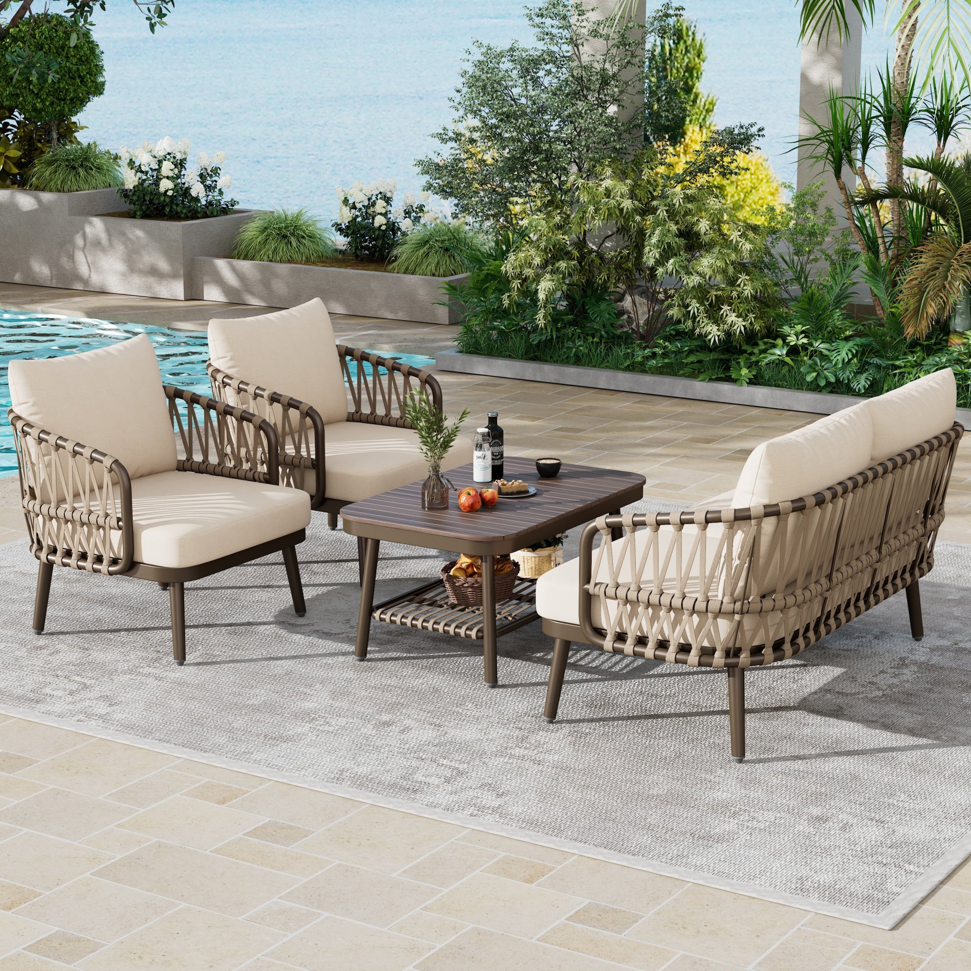 4 Piece Outdoor Patio Furniture Set, Metal Chairs With Woven Rope U Shaped Backrest, Outdoor Conversation Set With Thick Cushions And Coffee Table For Garden, Poolside, Balcony - Brown / Beige - Image 5