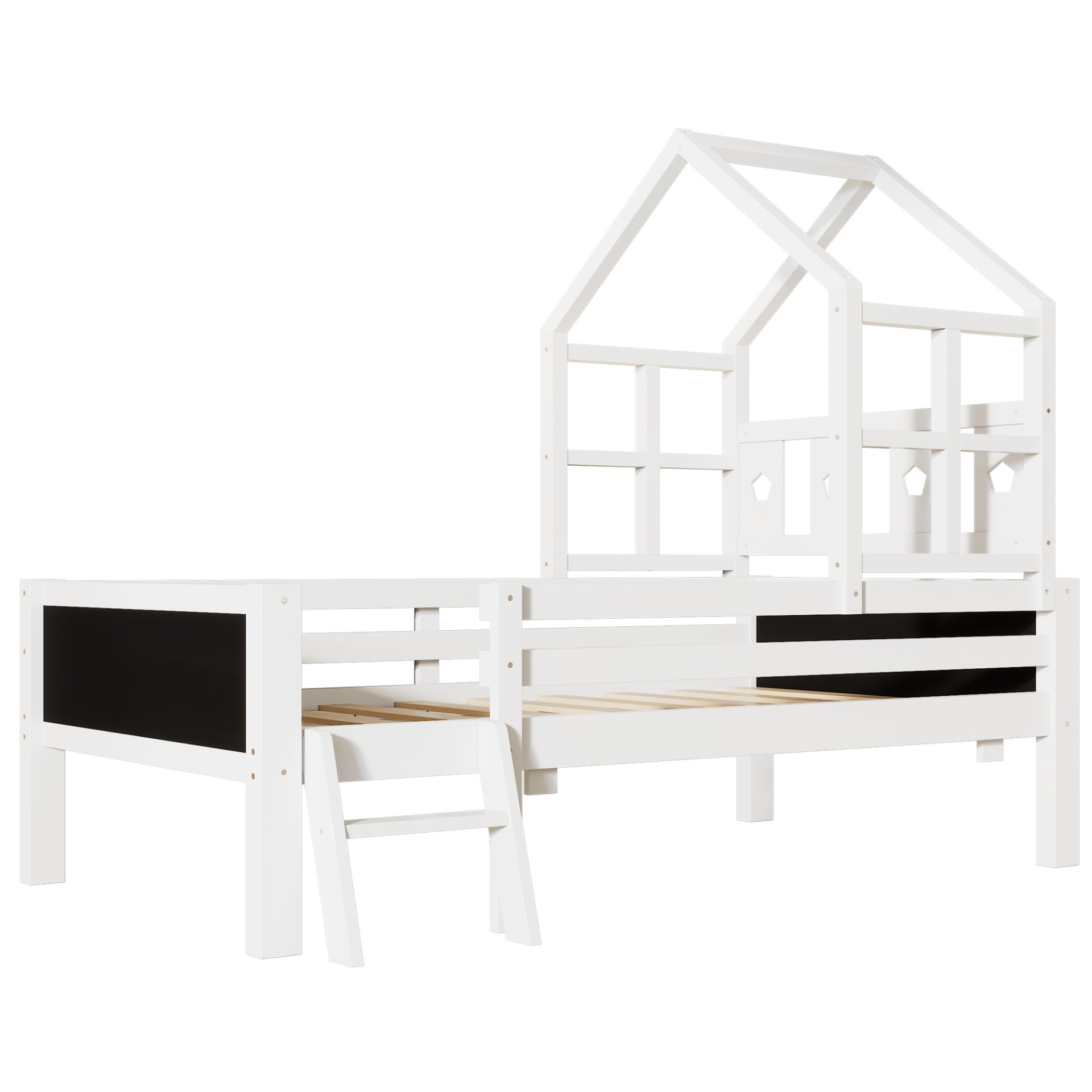 Twin Size House Bed With Ladder, Storage Drawers, And Blackboard Design - White - Image 16