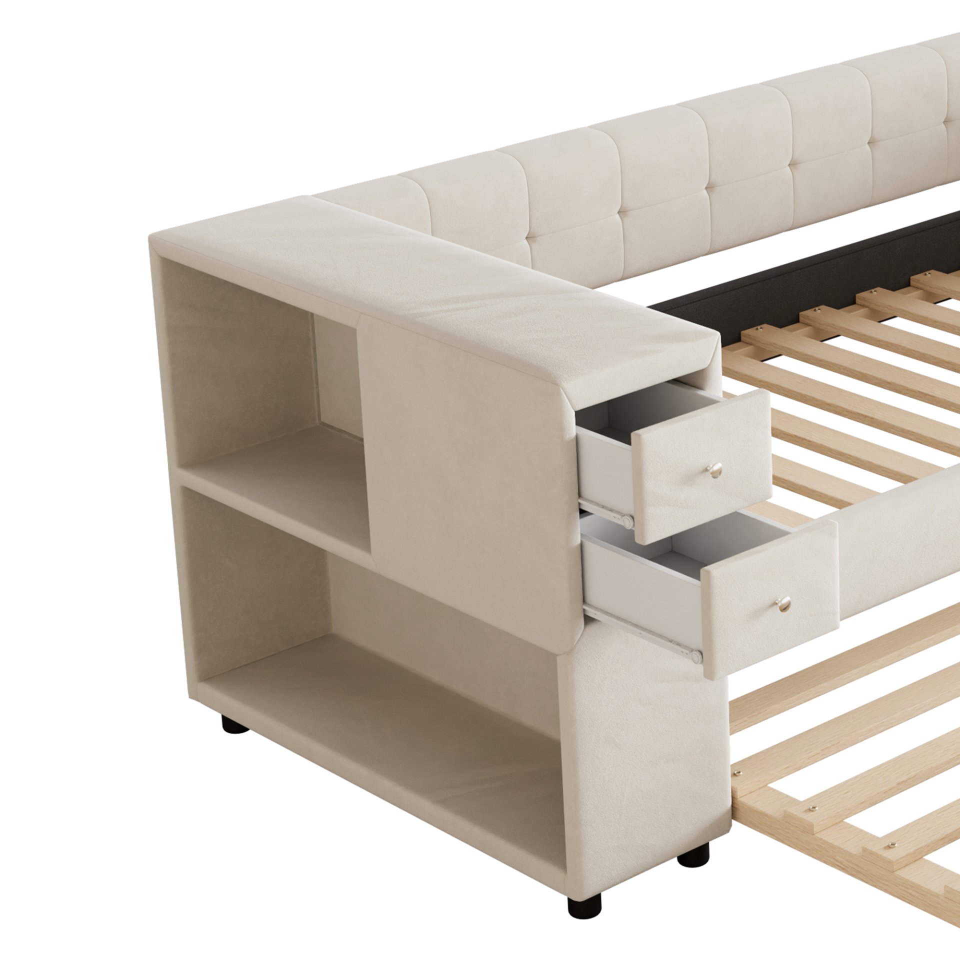 Twin Upholstered Bed With Storage And Twin Trundle, USB Charging Ports - Beige - Image 11