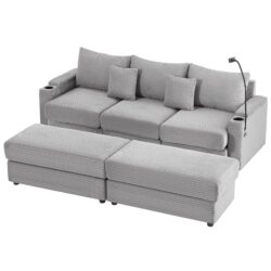 Modern Style 3 - Seater Sofa Sectional Sofa Couch With Storage Space, Two Movable Ottomans, Two USB Ports, Two Cup Holders, A Phone Holder For Living Room - Gray