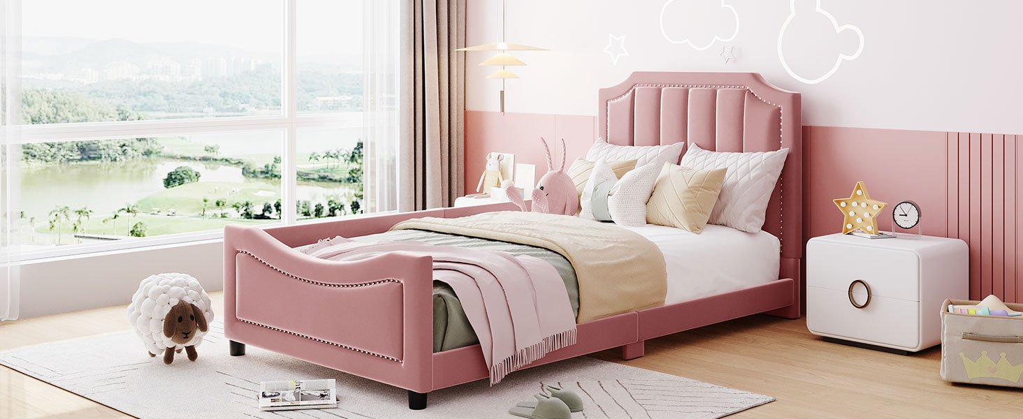 Twin Size Upholstered Daybed With Classic Stripe Shaped Headboard - Pink - Image 12