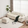 Modern Deep 3 Seat Sofa Couch With Ottoman, Polyester Sofa Sleeper Comfy Upholstered Furniture For Living Room - Beige - Image 3