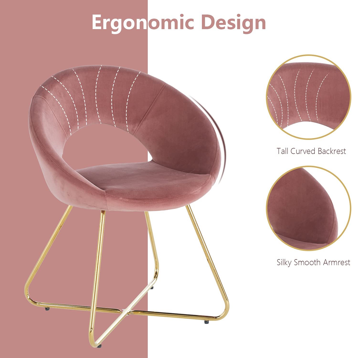 Modern Accent Velvet Chair, Comfy Upholstered Arm Chair Living Room Furniture Mid-Century Leisure Chair With Metal Frame Legs - Pink - Image 3