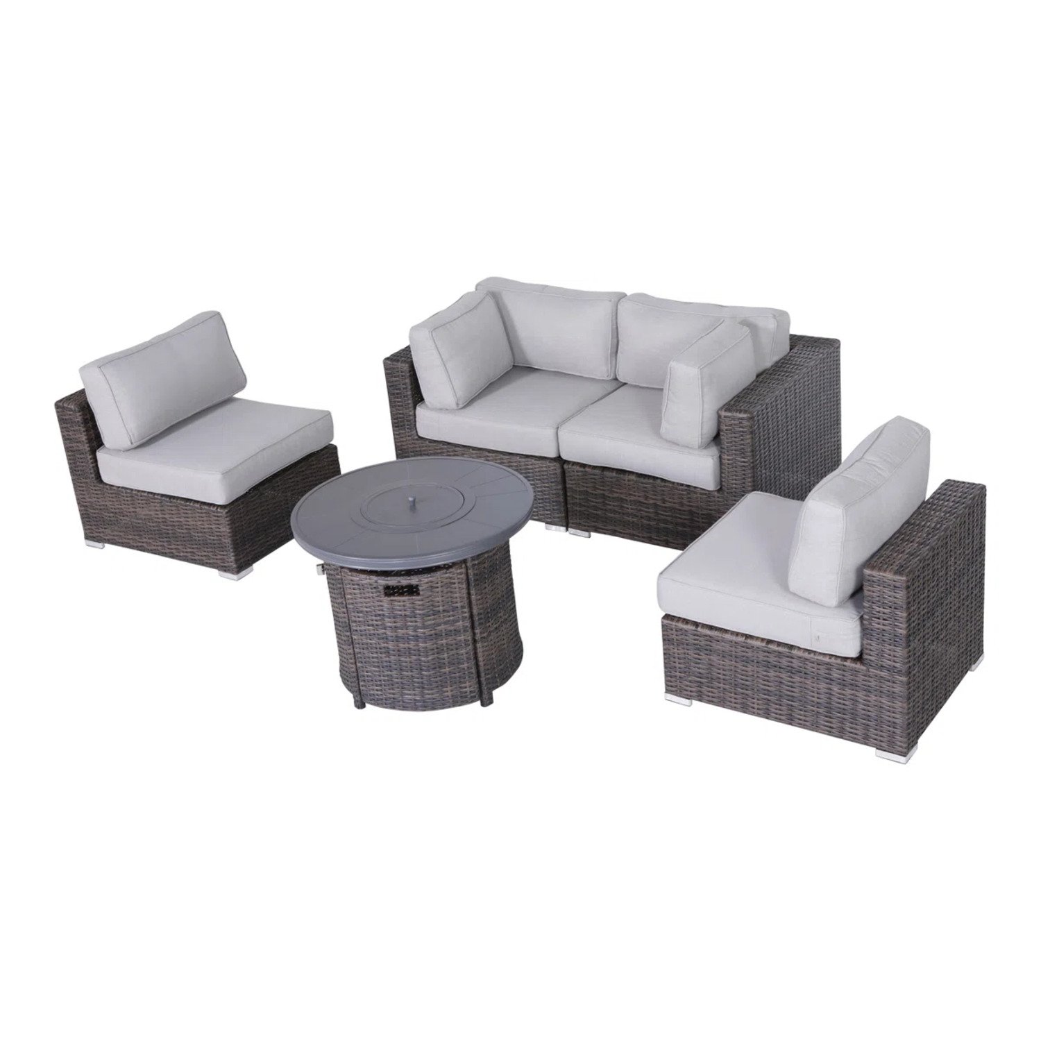 All Weather Rattan Sectional Lounge Set With Cushions And Fire Pit - Brown Mix / Gray - Image 4
