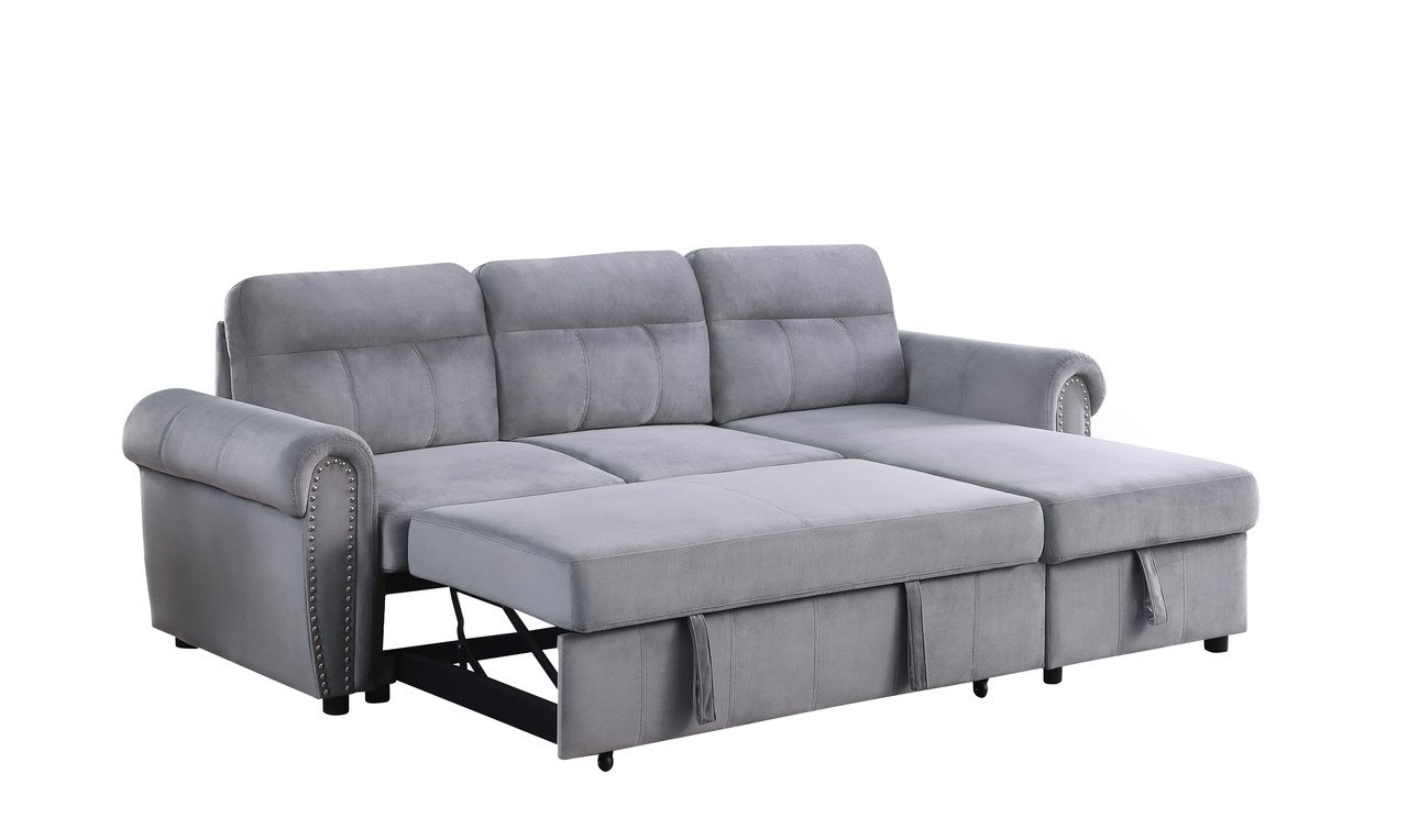 Ashton - Velvet Fabric Reversible Sleeper Sectional Sofa Chaise - Gray - Image 3