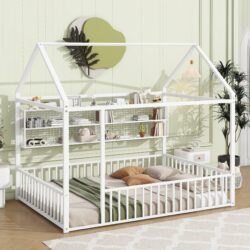 Full Size Bed House Frame With Fence And Shelves - White