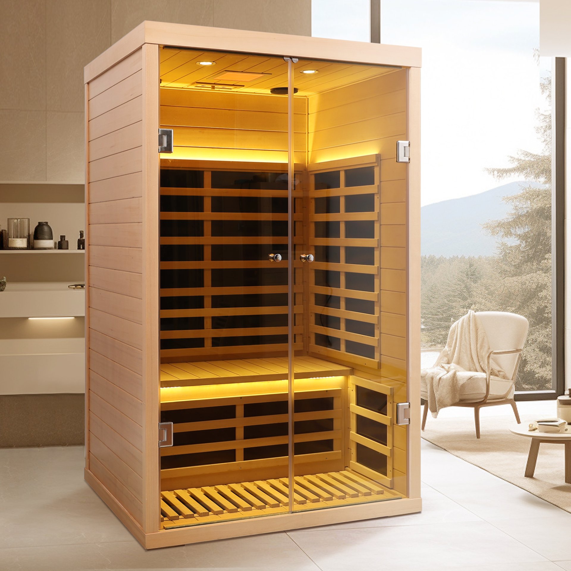 Low Emf 2 Person Wide Space Hemlock, Double Doors Great Glass Luxury Indoor Far Infrared Sauna Room - Natural Wood - Image 7