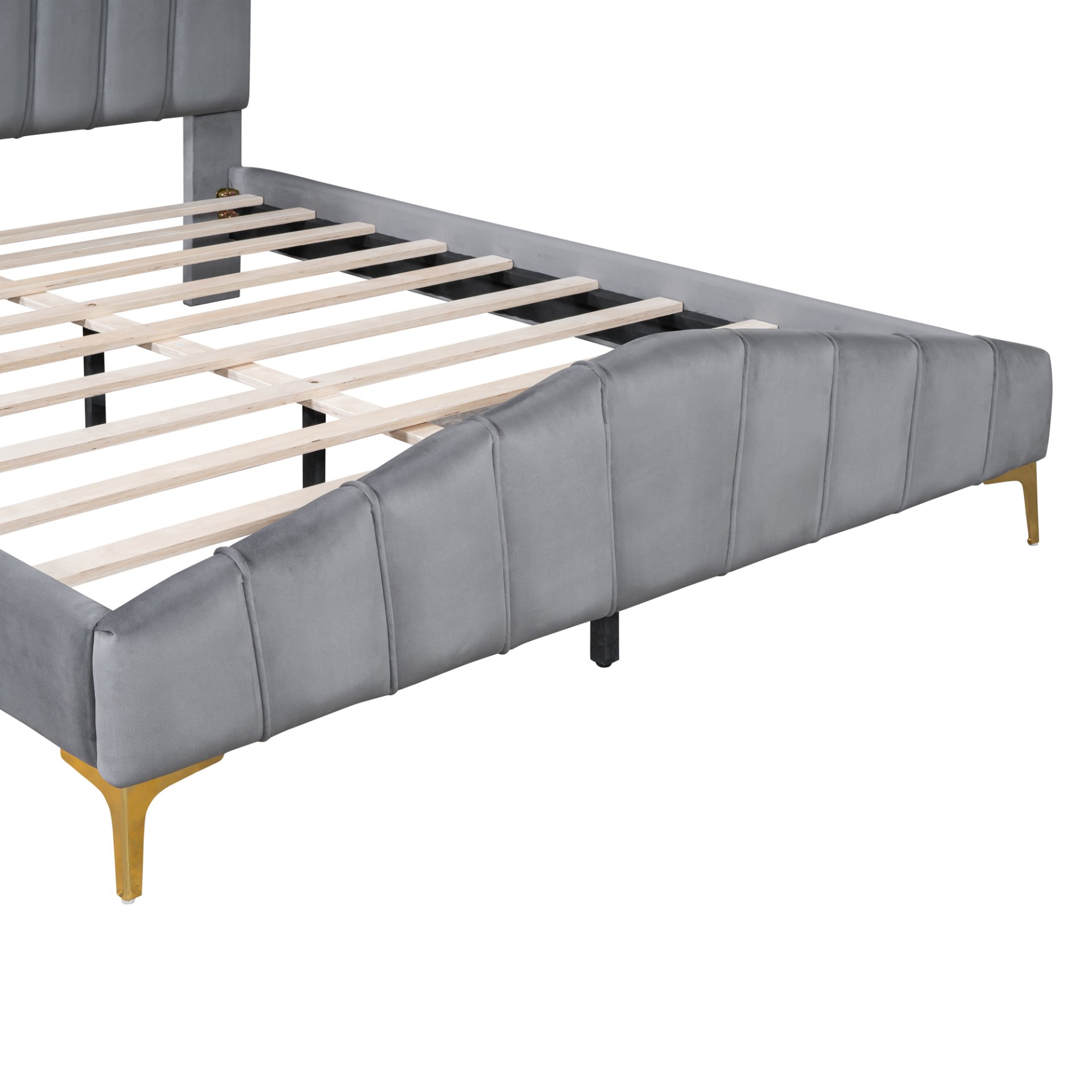 Queen Size Platform Bed With Thick, Stylish Stripe Decorated Bedboard And Elegant Leg - Gray - Image 10