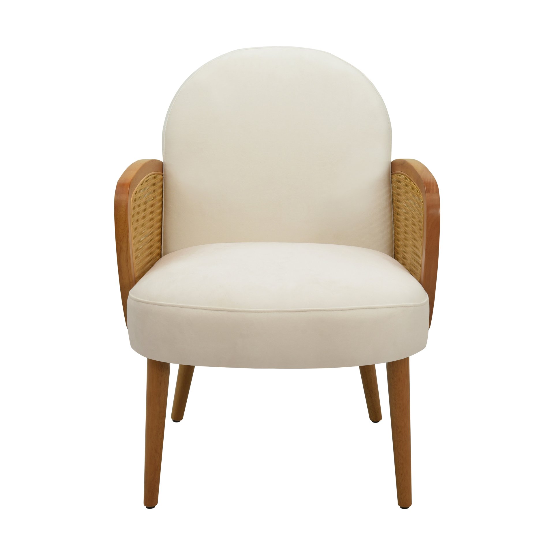 Mid Century Accent Chair With Rattan Armrests, Velvet Upholstery & Wooden Legs - Ivory - Image 6
