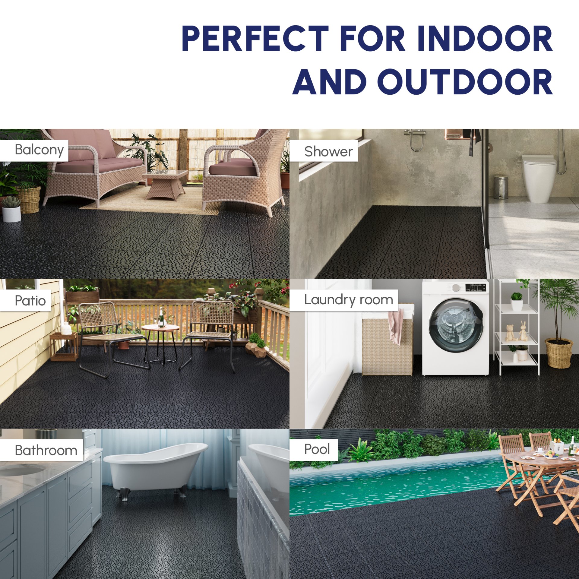 Interlocking Deck Tiles Plastic Waterproof Outdoor All Weather Anti-Slip Bathroom Shower Balcony Porch Strong Weight Capacity Upto 440 Lbs, Pebble Stone Pattern Pack Of 60 - Black - Image 27