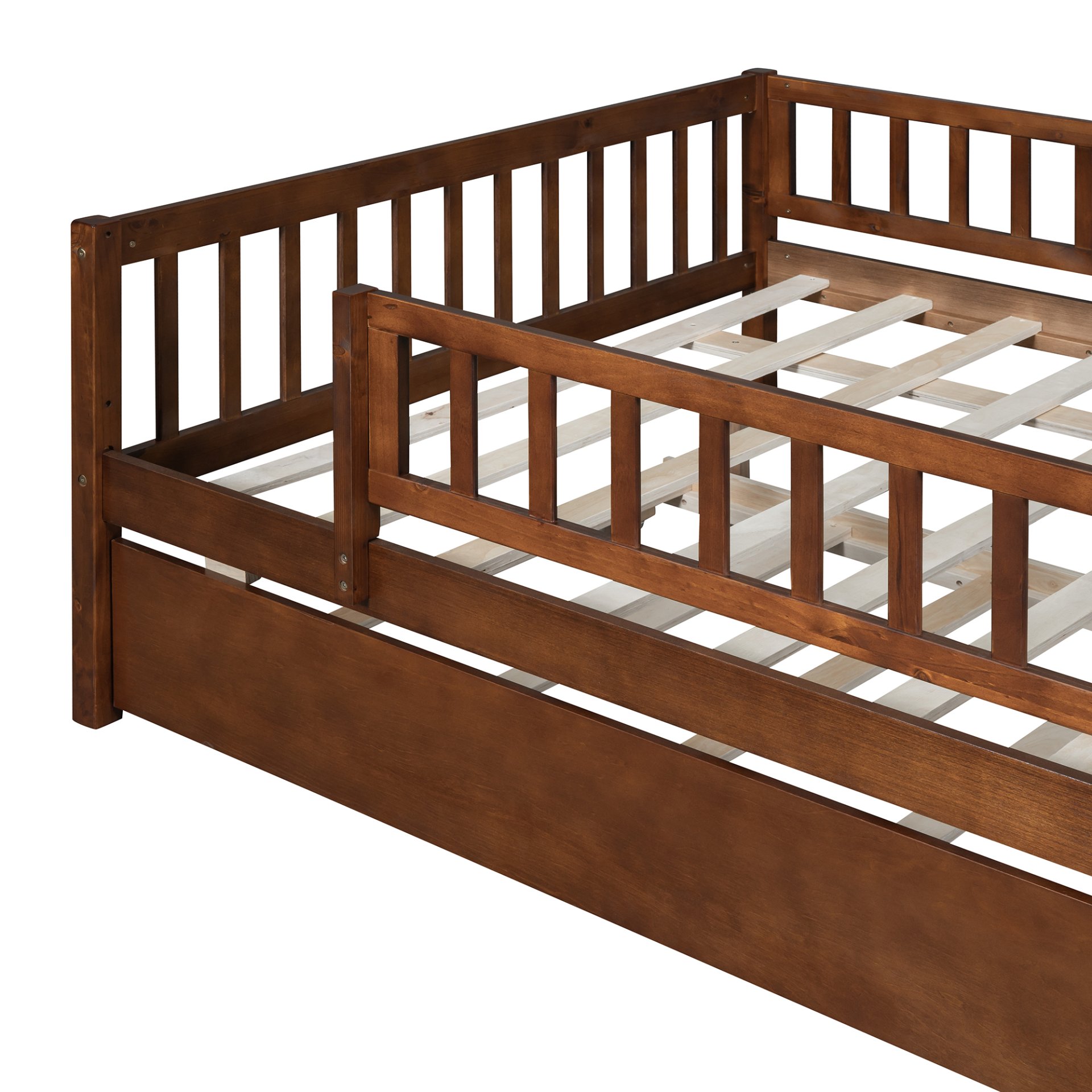 Full Size Daybed With Trundle And Fence Guardrails - Walnut - Image 11