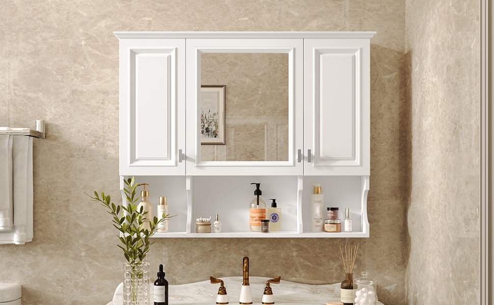 Wall Mounted Bathroom Medicine Cabinet, Modern Bathroom Wall Cabinet With Mirror, Mirror Cabinet With Open Shelves - White - Image 21