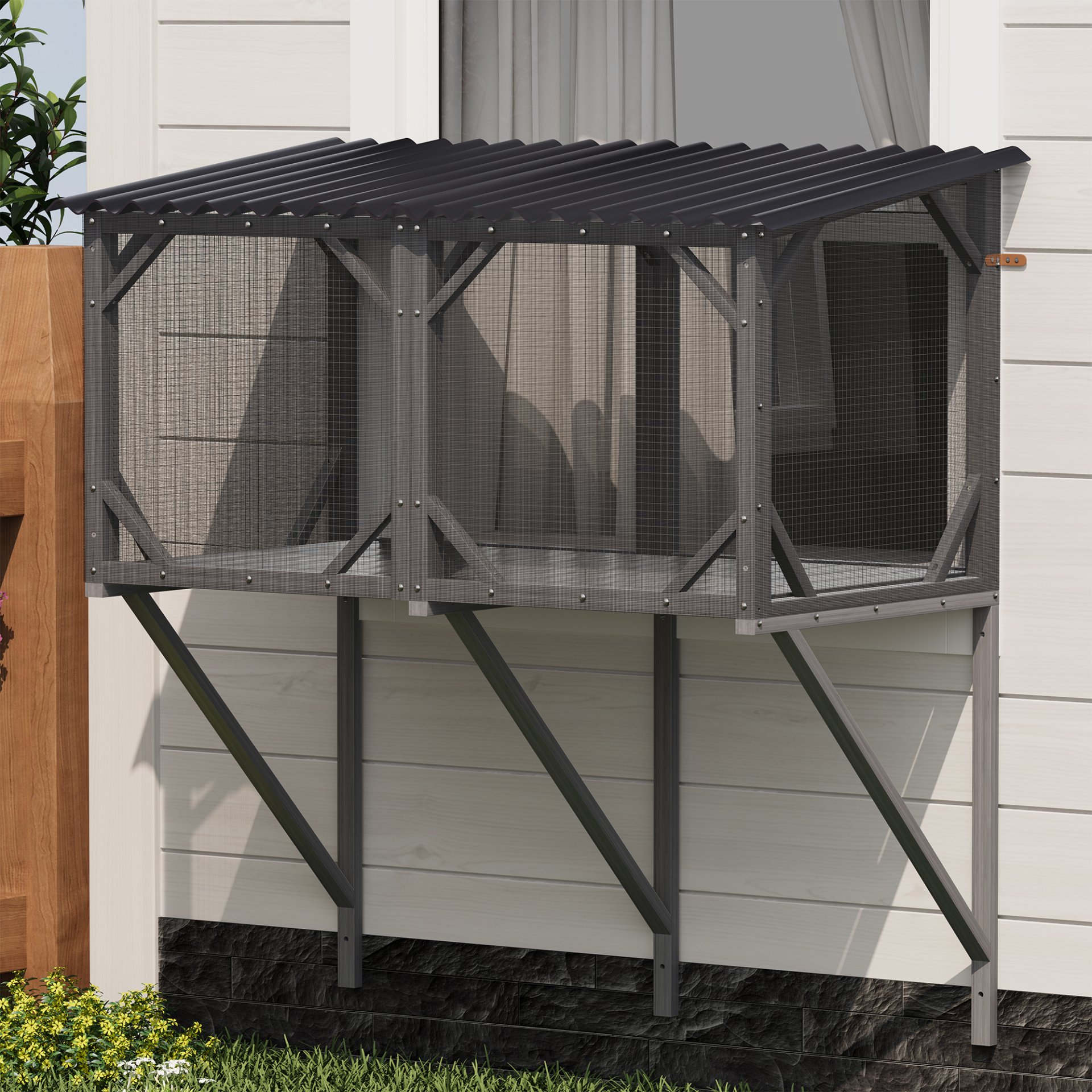 Premium Cat Window Box With Bug Proof Net For Large Indoor Cats Spruce Wood & Polyester - Antique Gray - Image 2