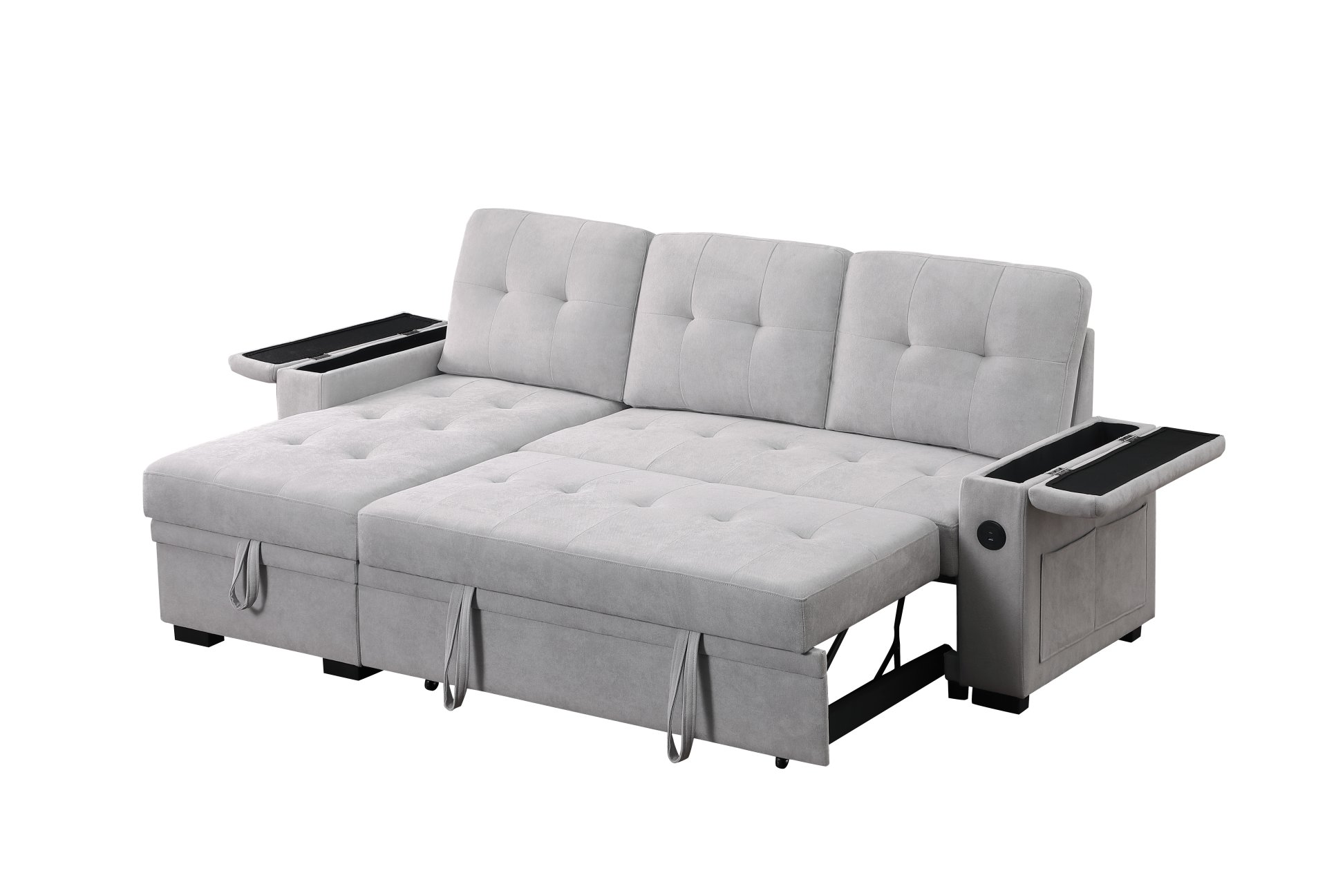 Ashlyn II - Woven Fabric Reversible Sleeper Sectional Sofa With Storage Chaise, Storage Arm, Cup Holder, Charging Ports, Side Pockets, and Pocket Coil Seating - Gray - Image 3