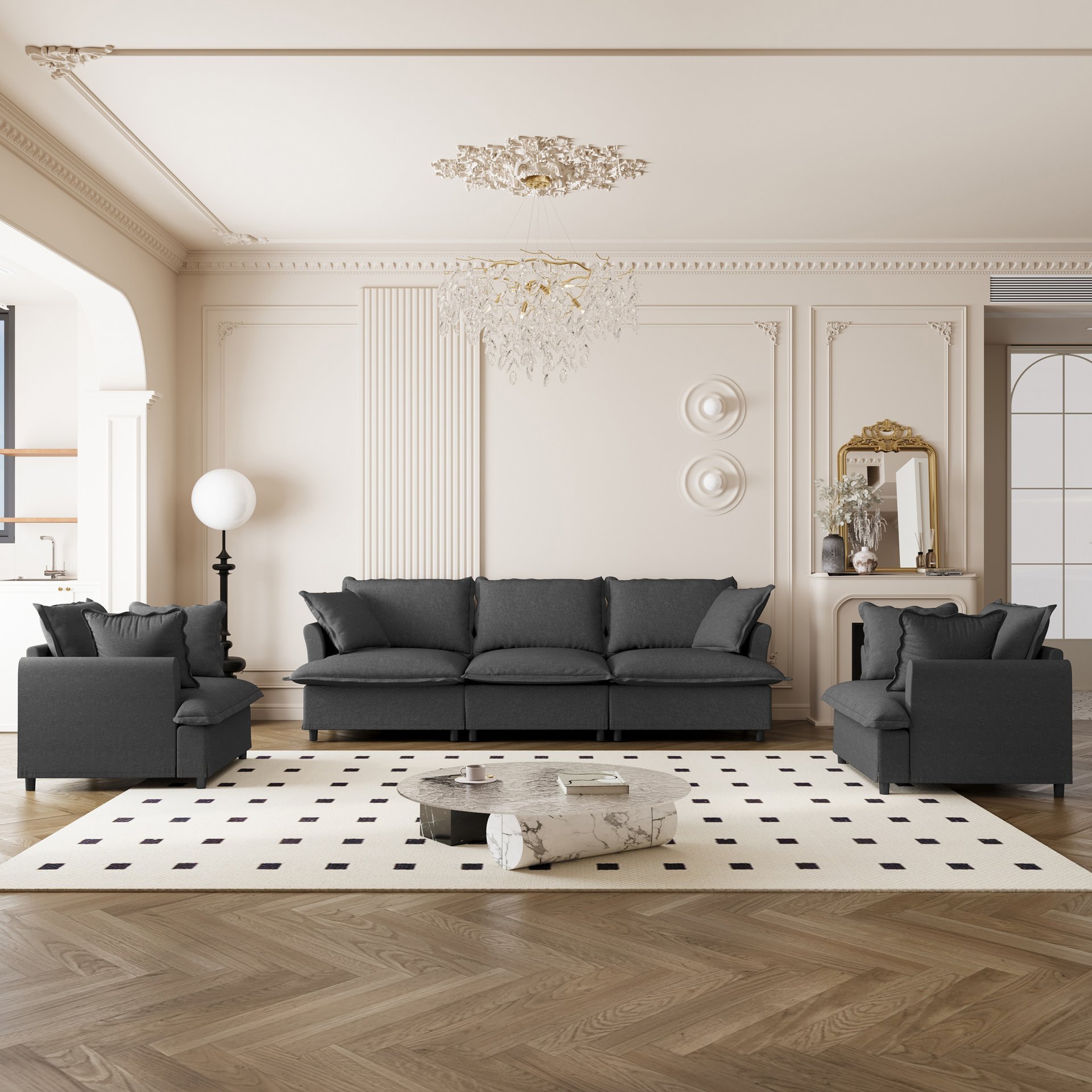 3 Piece Living Room Set Modular Sectional Couch Upholstered 3 Seater Sofa & 2 Armchairs 5 Seat - Gray - Image 2