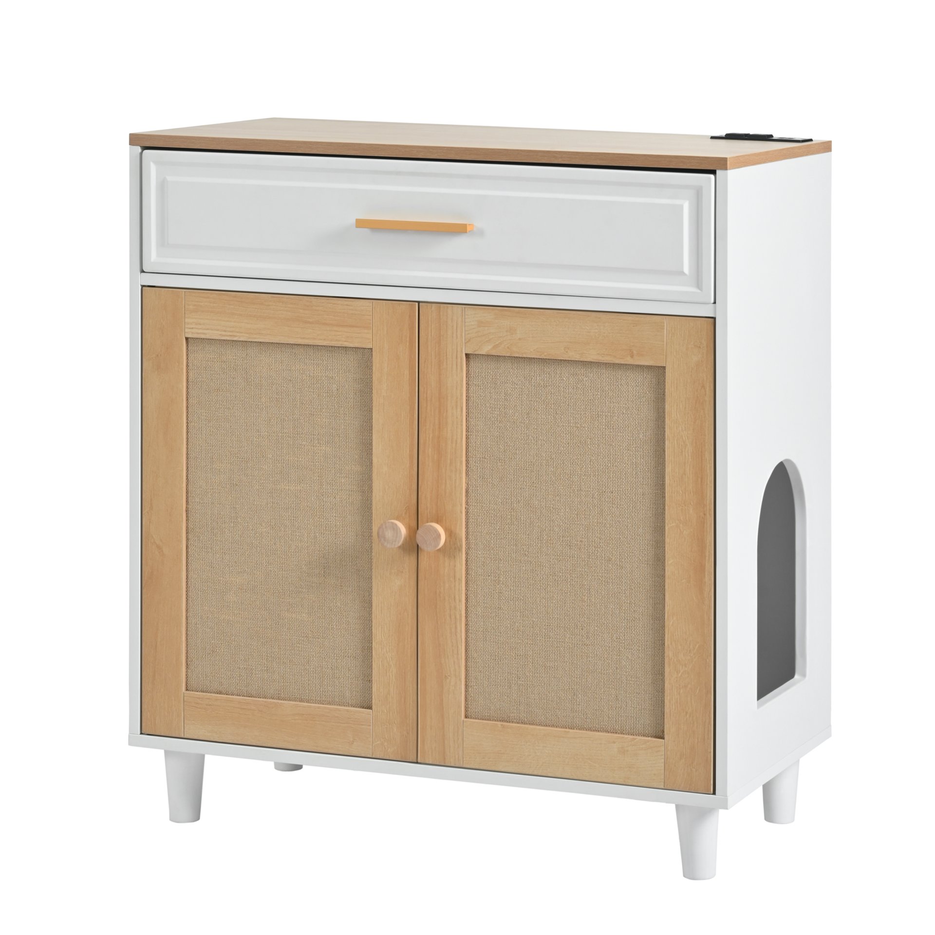 Pet Friendly Furniture Style Cat Litter Box House With Sisal Scratching Door And Charging Socket - Beige / White - Image 15