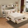 Full Size Pine Wood Platform Bed With All In 1 2 Nightstand, Storage Shelf And Cabinet Bookcase With 2 Charging Stations, Multi Functional Captain Bed Frame With 3 Drawers - White - Image 3