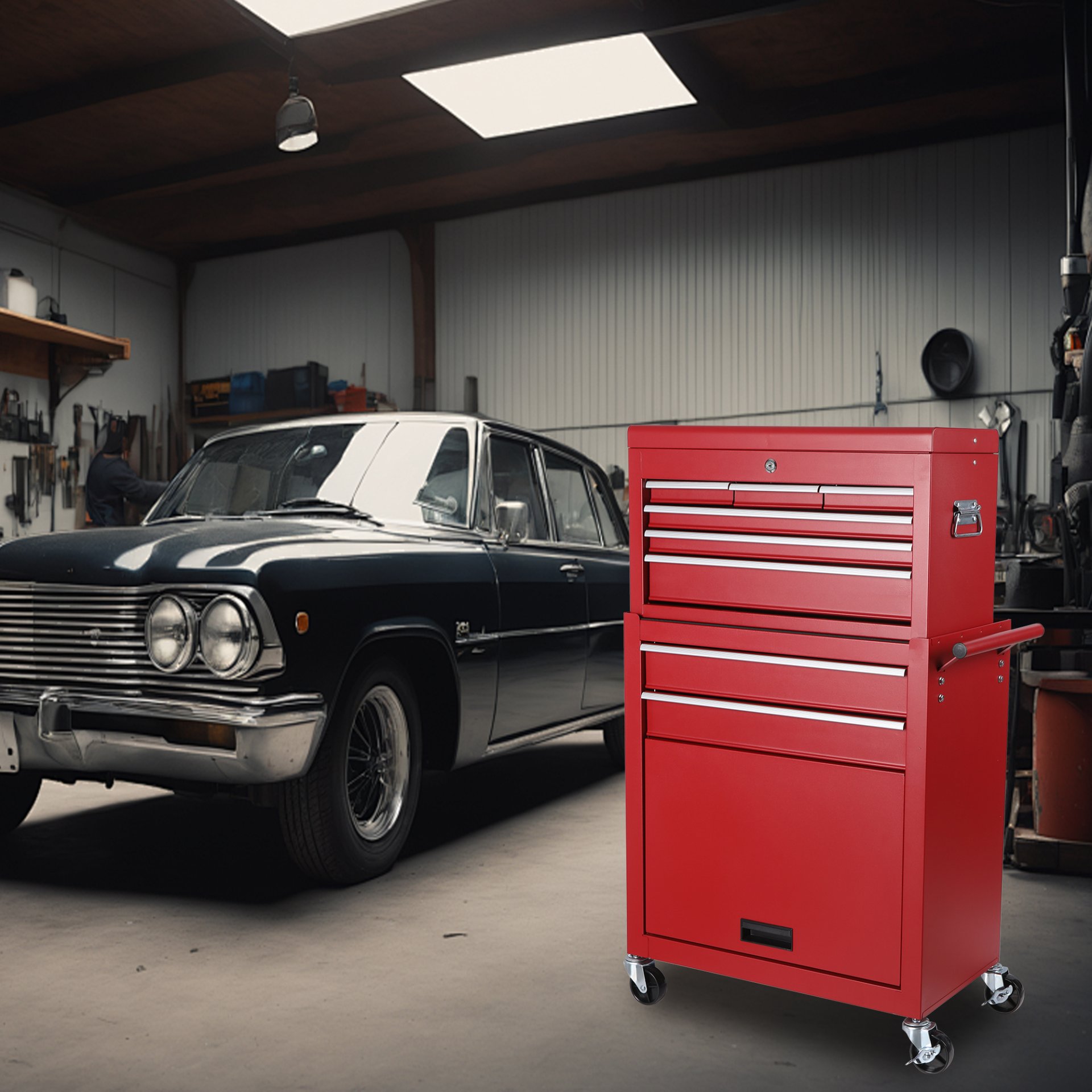 8 Drawer Rolling Tool Chest With 2 In 1 Detachable Top Box, Lockable Wheels, Liners, And Side Hooks Metal Tool Cabinet For Garage - Red - Image 2