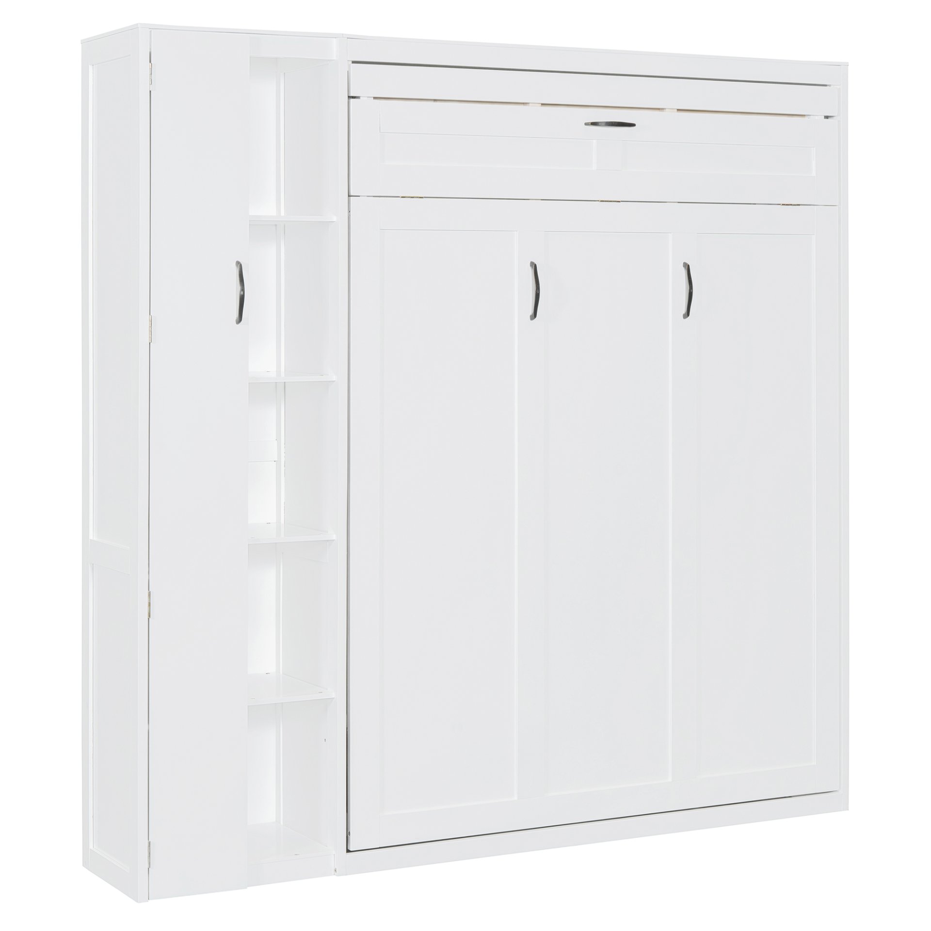 Full Size Murphy Wall Bed With Shelves, Wardrobe And LED Lights - White - Image 18