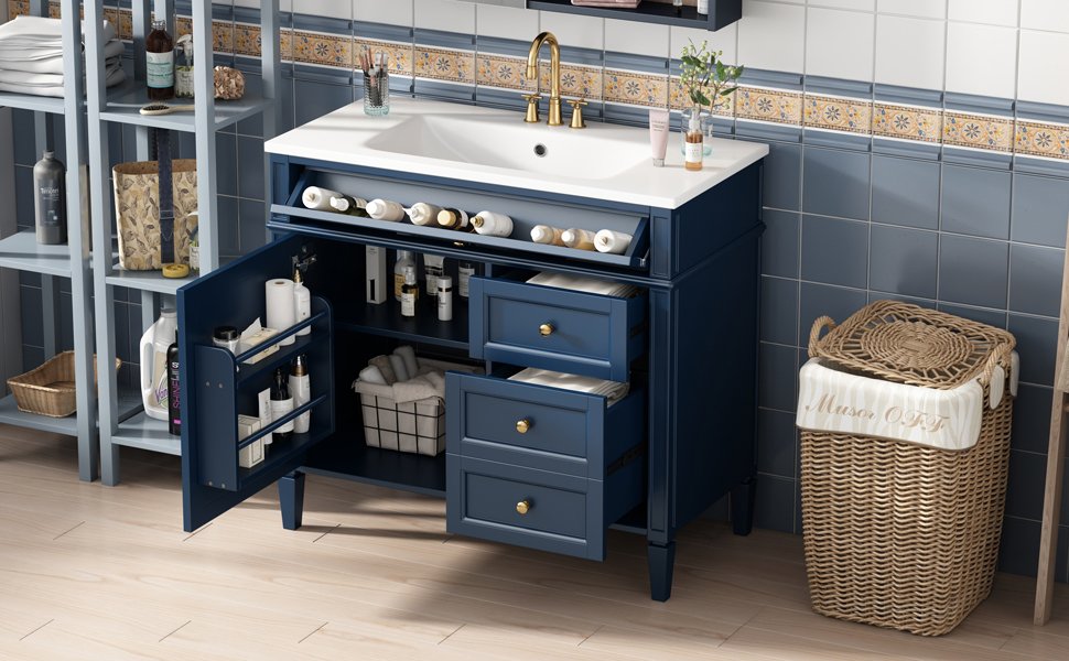 Bathroom Vanity With Top Sink, Modern Bathroom Storage Cabinet With 2 Drawers And A Tip-Out Drawer, Single Sink Bathroom Vanity - Blue - Image 18
