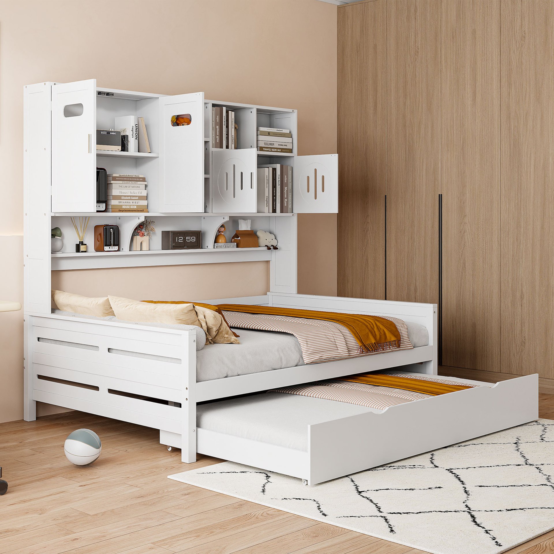 Full Size Wooden Daybed With Twin Size Trundle, And All In One Cabinet And Shelf - White - Image 3