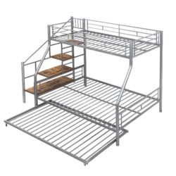 Twin Over Full Size Metal Bunk Bed With Trundle And Storage Staircase - Silver