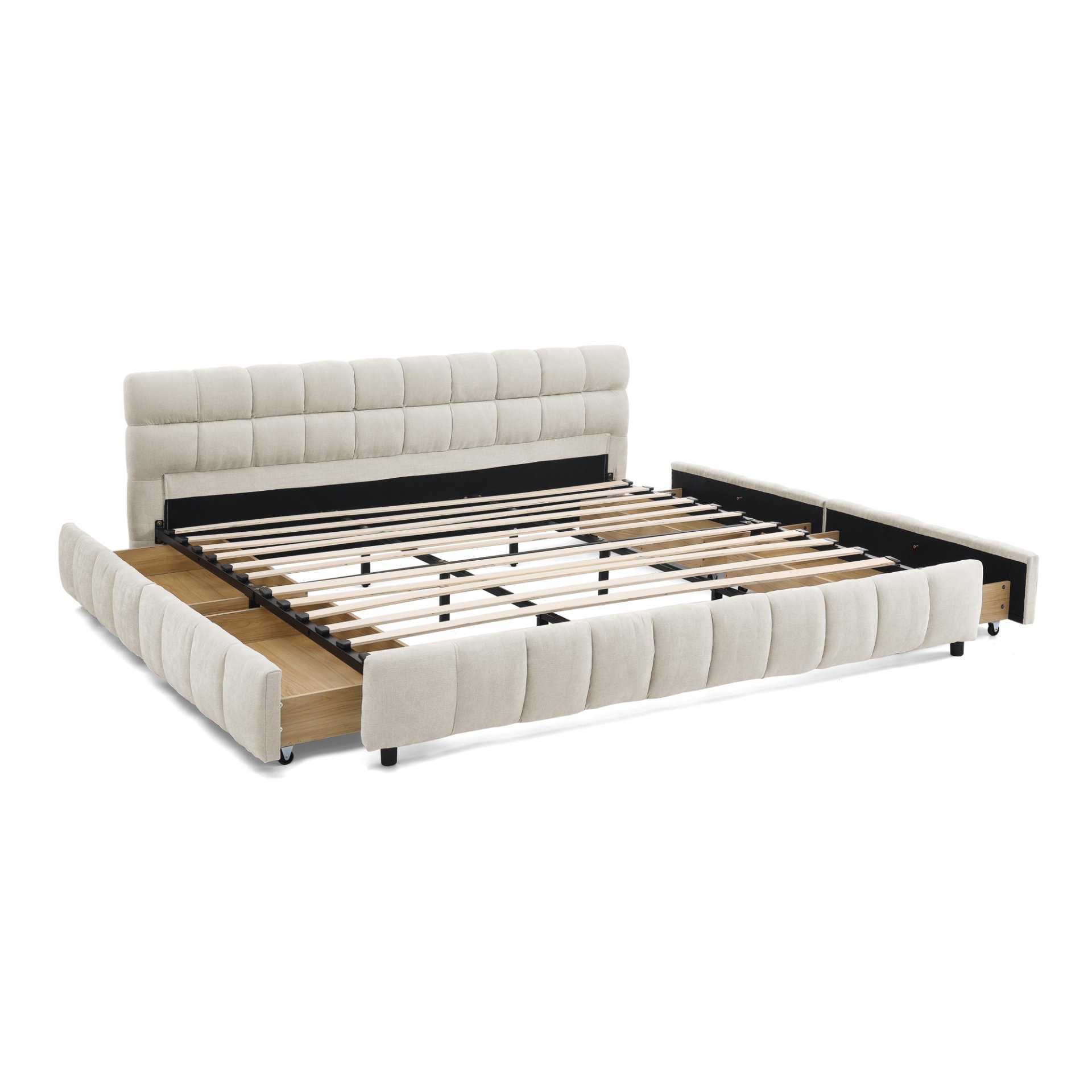 Modern King Size Upholstered Bed With Storage Drawer Solid Frame - Beige - Image 14