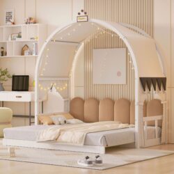 Twin Size Extended Bed With Arched Roof And Trundle - White