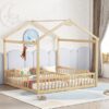 Double Twin House-Style Floor Bed With Fence, Guardrails, Without Door - Natural - Image 9