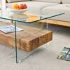 Modern 2 Tier Coffee Table Clear Tempered Glass And Wood Grain Multifunctional Storage Design - Natural Wood / Transparent - Image 7