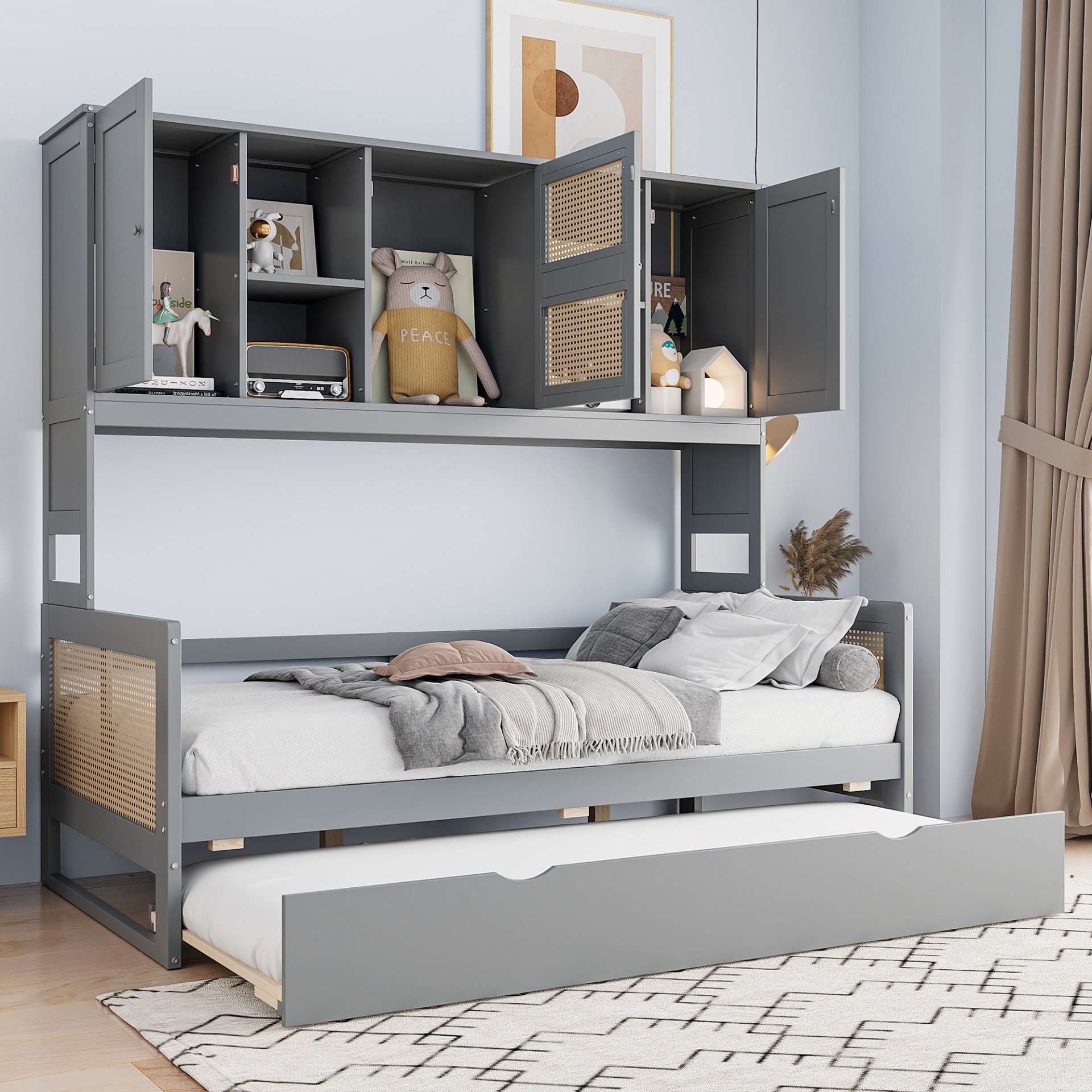 Twin Size Wooden Daybed With Twin Size Trundle, And All In One Cabinet And Shelf - Gray - Image 2