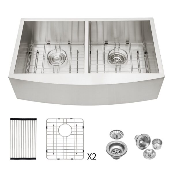 Modern Double Bowl Farmhouse Sink With Apron Front Stainless Steel - Beige