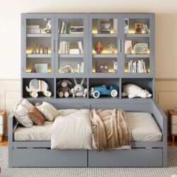 Full Size Daybed With Glass Door Storage Cabinets, Built In LED Lighting And Shelves - Gray