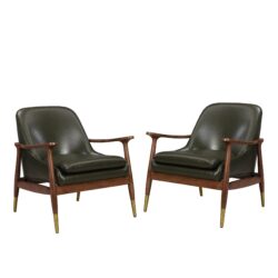 Mid Century Accent Chair Set With Cushioned Seat, Solid Wood Frame, Brass Tipped Legs - Green