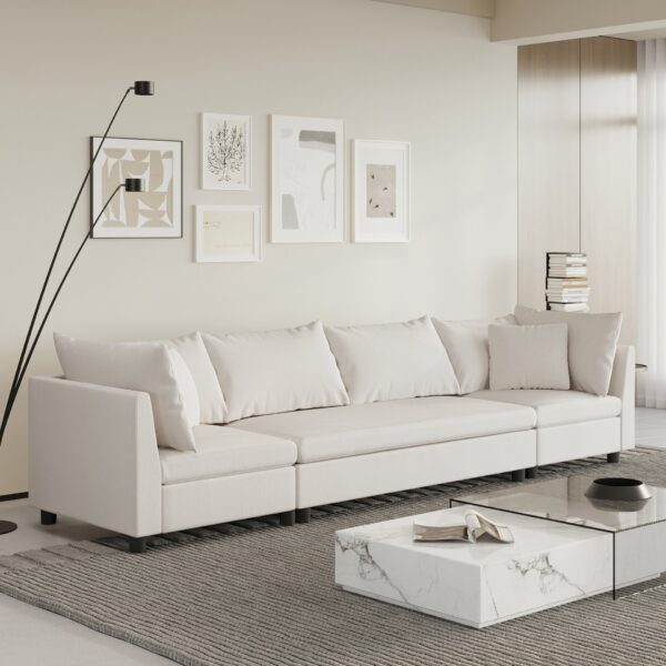 Modern Modular Sectional Oversized 4 Seat Couch Set With 4 Pillows, Minimalist Style Wide Seat Comfy Sofa - Cream