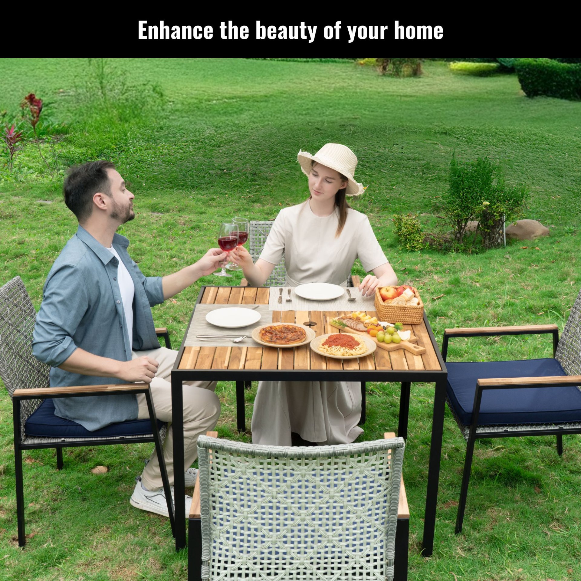 All Weather 5 Piece Patio Dining Table Sets With Acacia Wood Top And Umbrella Hole, Rattan Outdoor - Light Gray - Image 2