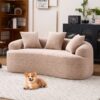 Double Seat Beige Sofa With Wood Grain Chenille Fabric And 3 Pillows - Apricot Cream - Image 2