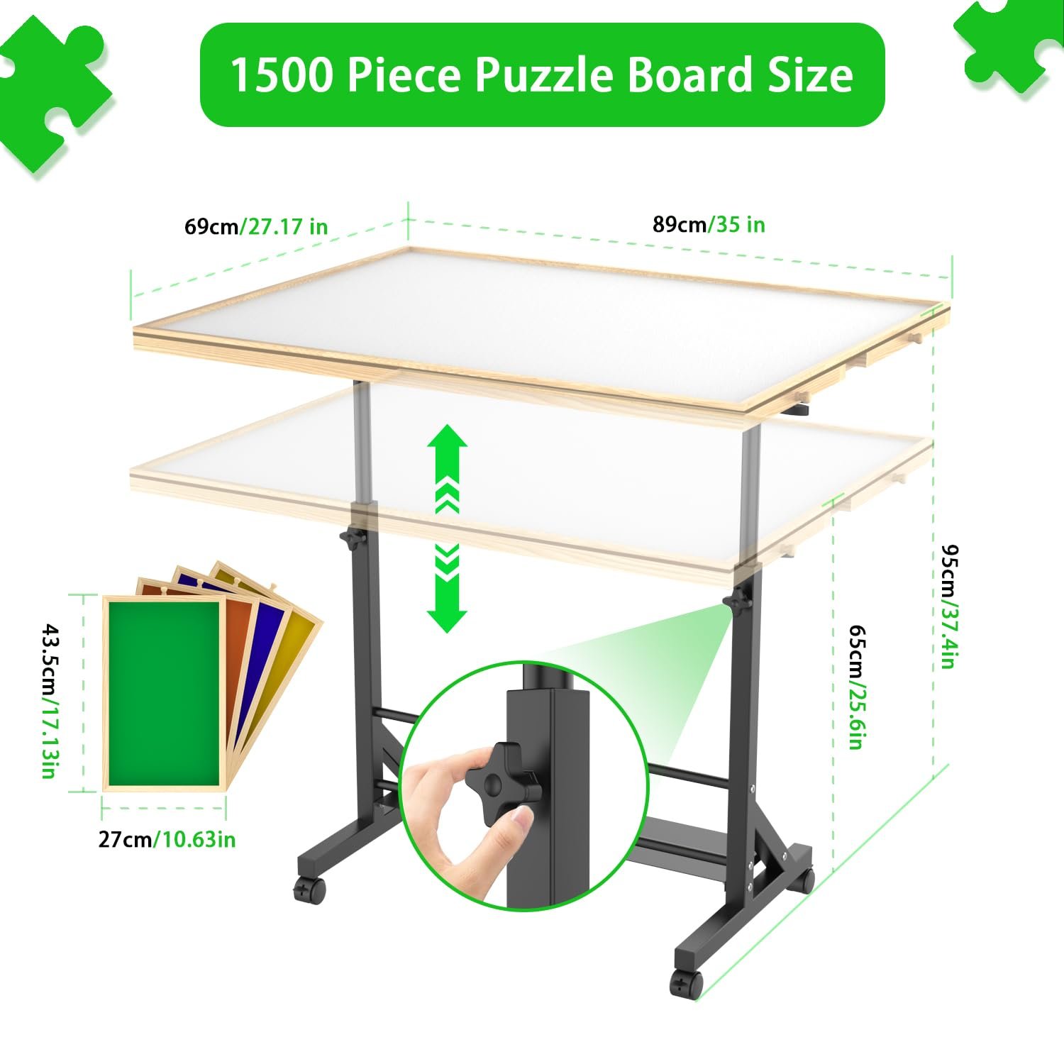 360 Degree Tilting Wooden Puzzle Table With 1500 Pieces, Rolling Design With Adjustable Height, Drawer, And Protective Cover - Black / Natural Wood - Image 3