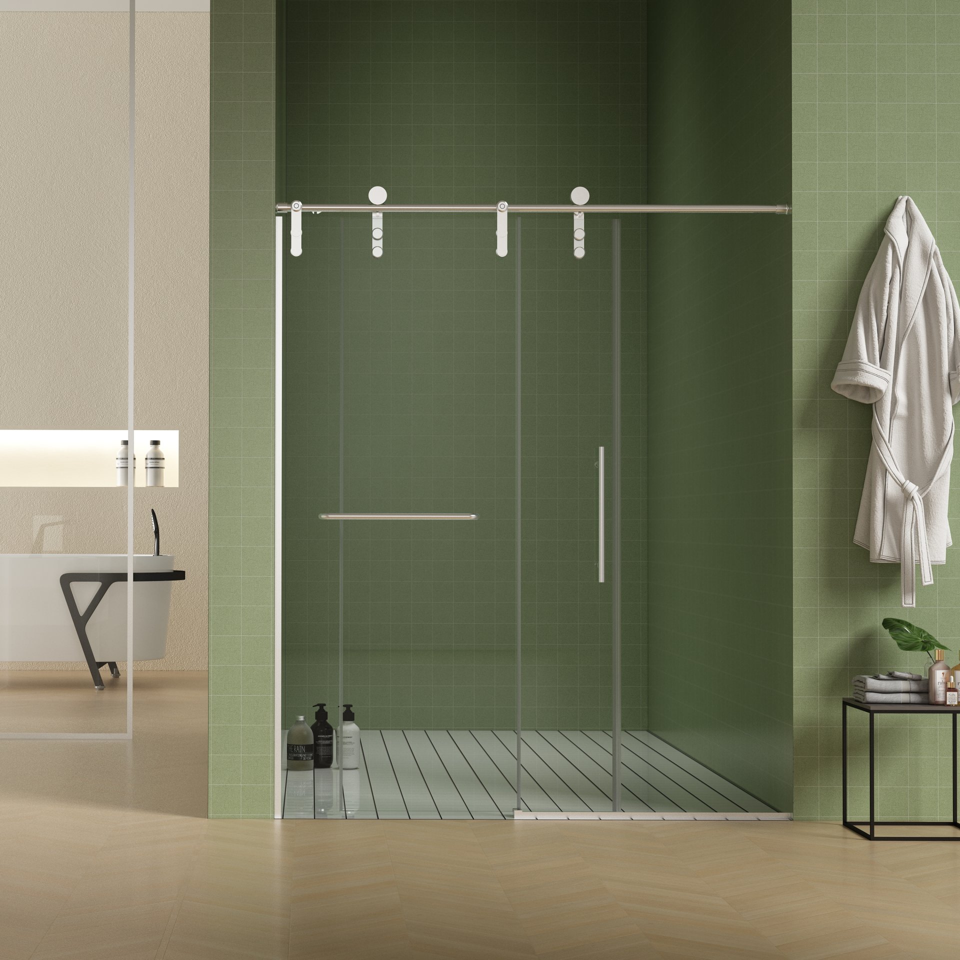 Frameless Shower Door, Sliding Shower Door, Premium 5 / 16" (8Mm) Thick Tempered Glass Shower Enclosure With Towel Bar, Double Side Easy Clean Coat, Finished With Buffer - Brushed Nickel - Image 10