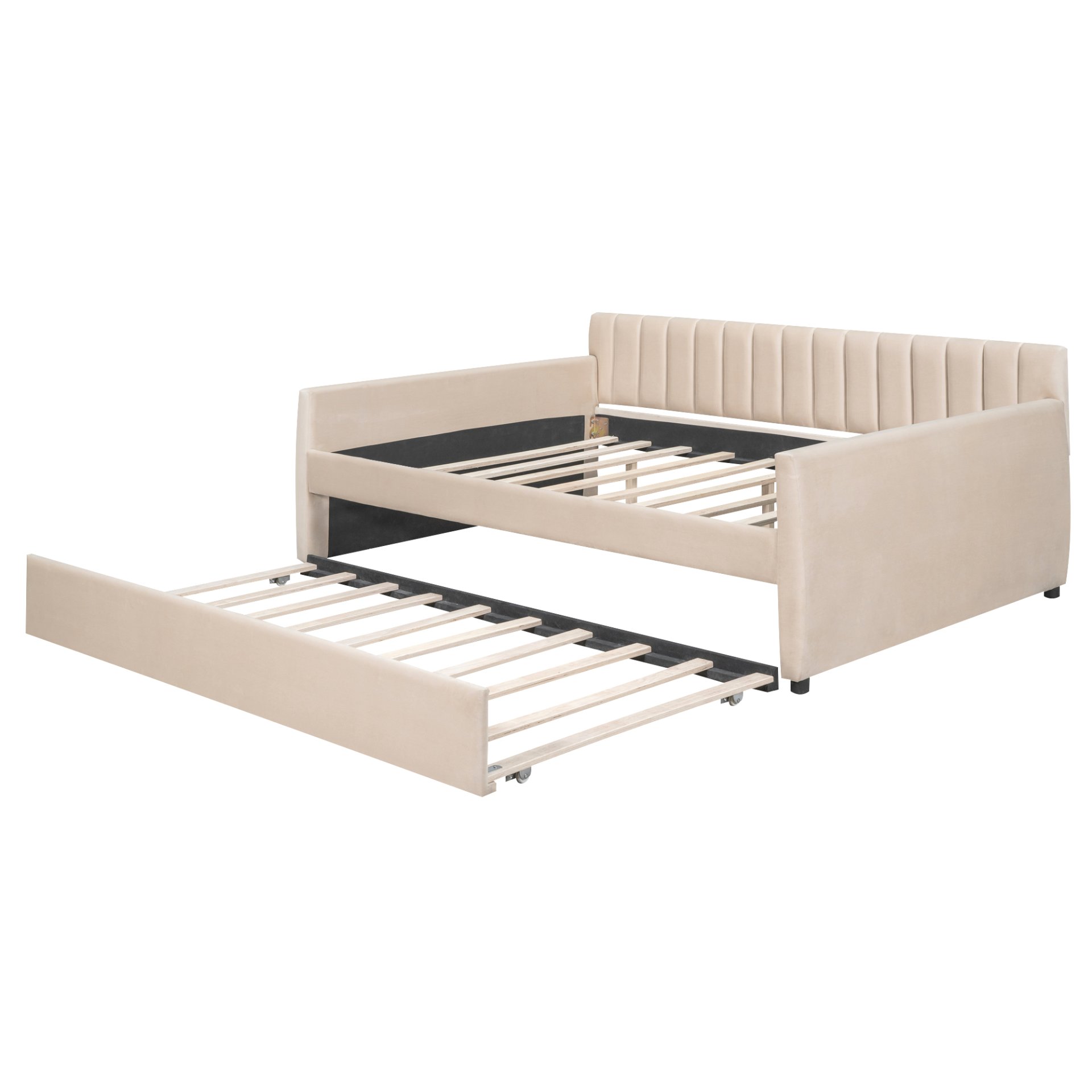 Full Size Upholstered Daybed With Trundle And Slat Support - Beige - Image 8