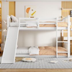 Twin Over Twin Classic Bunk Bed With Slide And Ladder - White