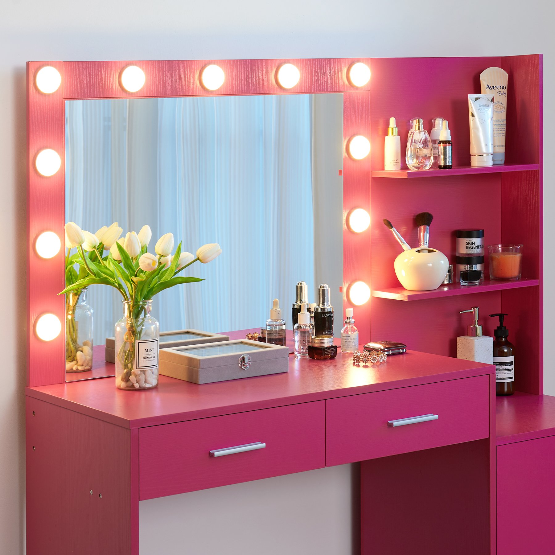 Vanity Desk With Mirror And Lights, 46.4In Dressing Table With 2 Large Drawer & Large Vertical Organizer, 3 Level Dresser & 3 Lighting Modes Adjustable Brightness, Suitable For Bedroom - Rose Pink - Image 5