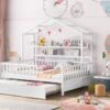 Full Size House Bed With Twin Size Trundle, Kids Bed With Shelf - White - Image 13