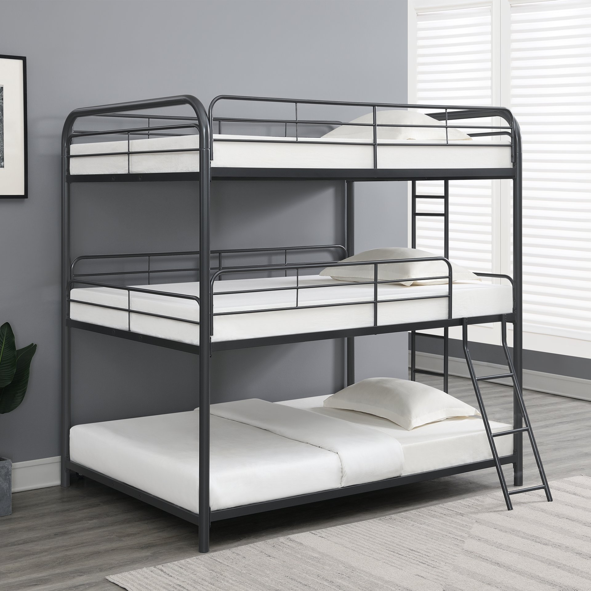 Triple Bunk Bed, Full Size With Sturdy Metal Frame And Safe Stairs - Black - Image 2