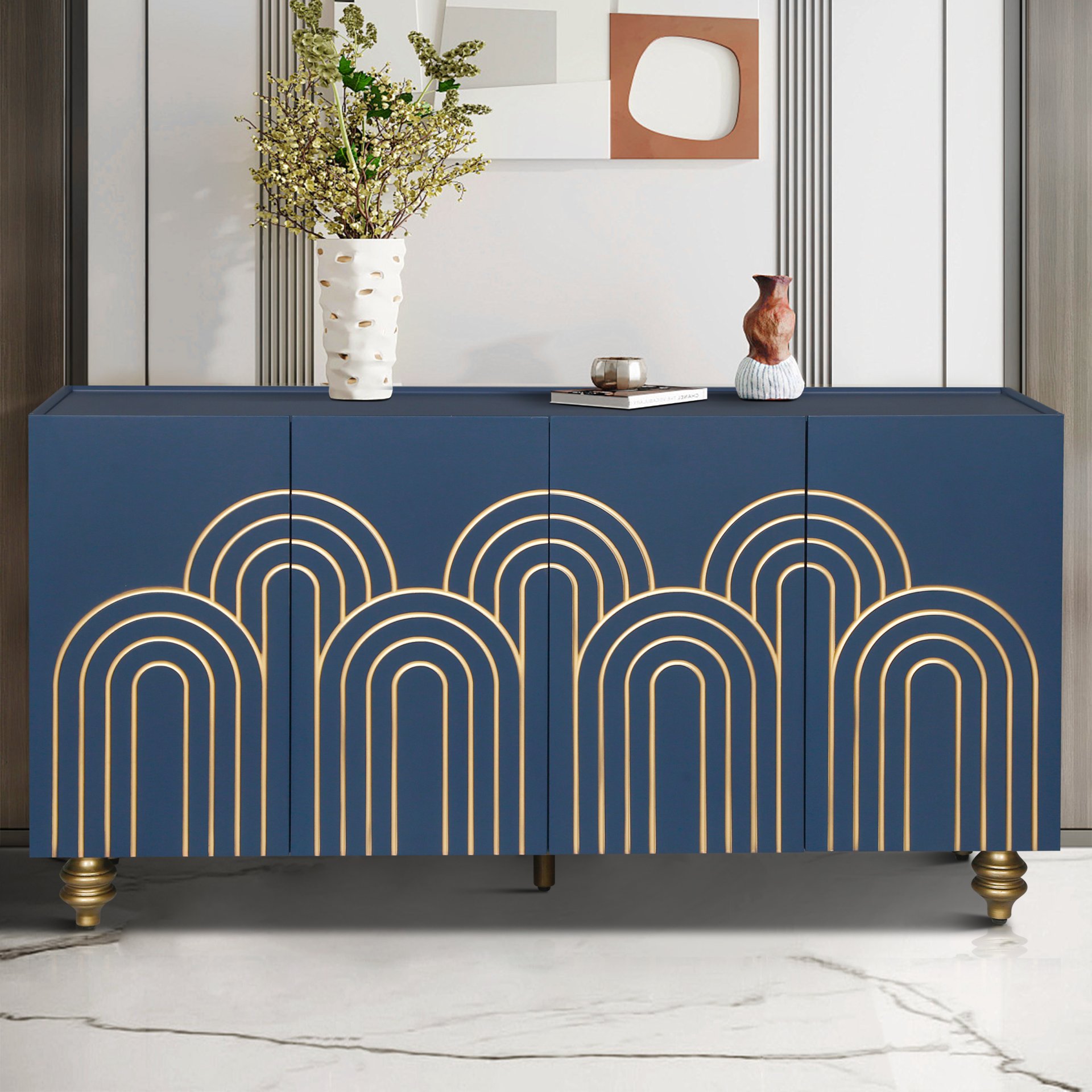 Modern Fluted Sideboard Buffet With Adjustable Shelves, Curve Element With Strict Lines - Navy Blue - Image 2