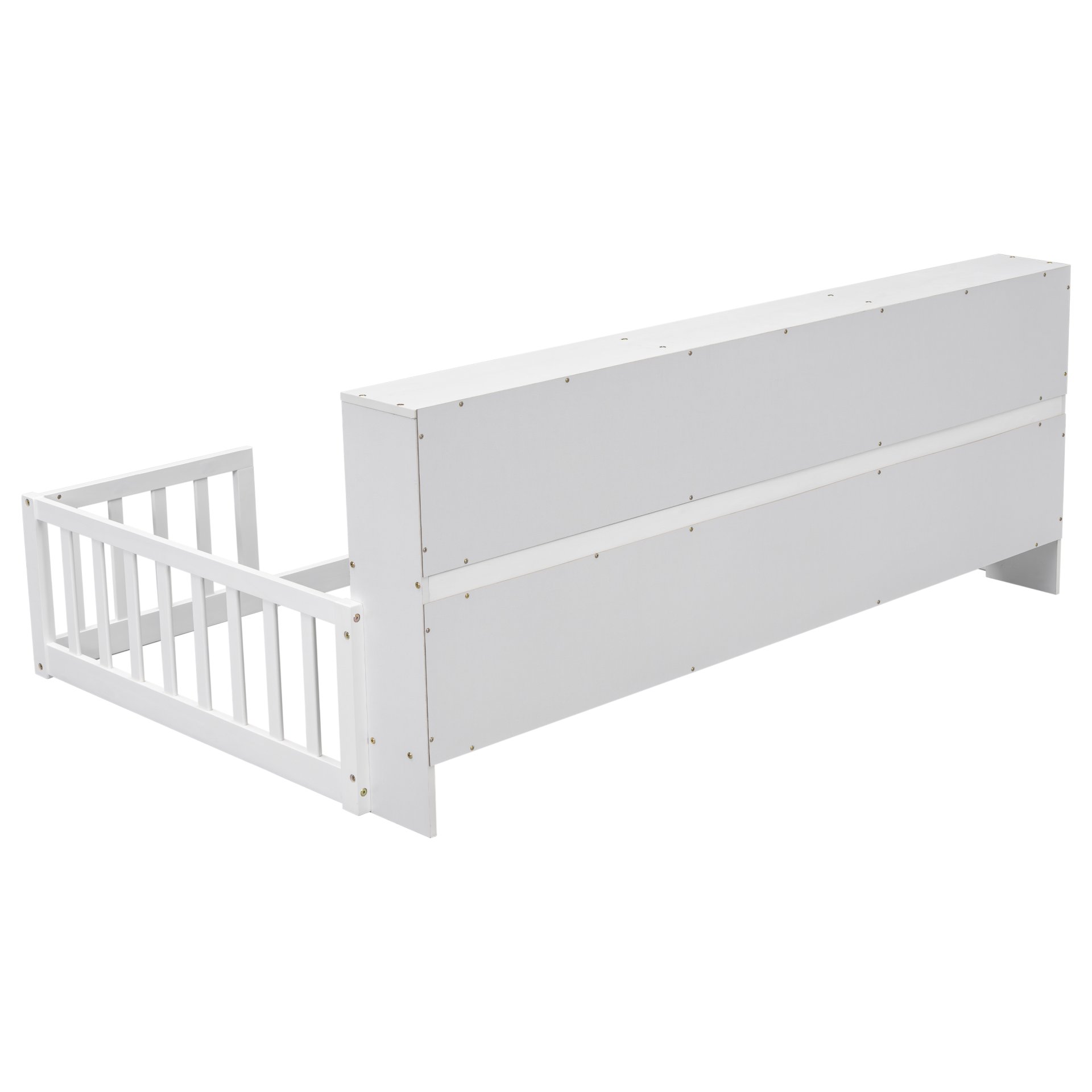 Twin Floor Bed With Bedside Bookcase, Shelves, Guardrails - White - Image 9